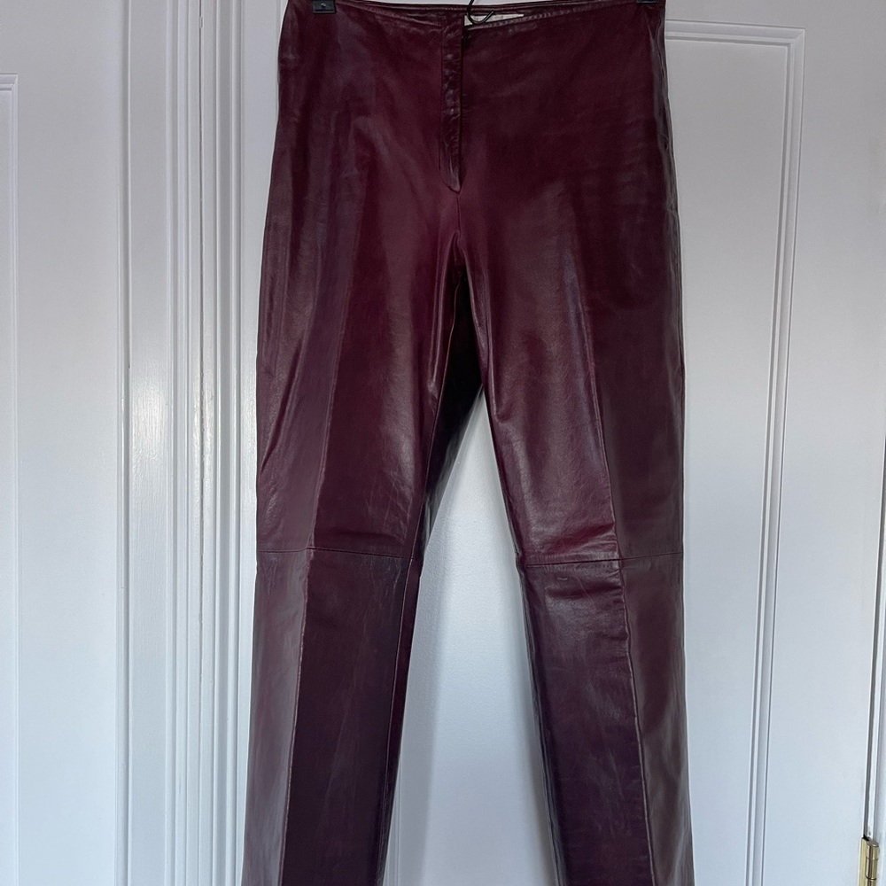 Women’s genuine leather pants burgundy color. Fully lined